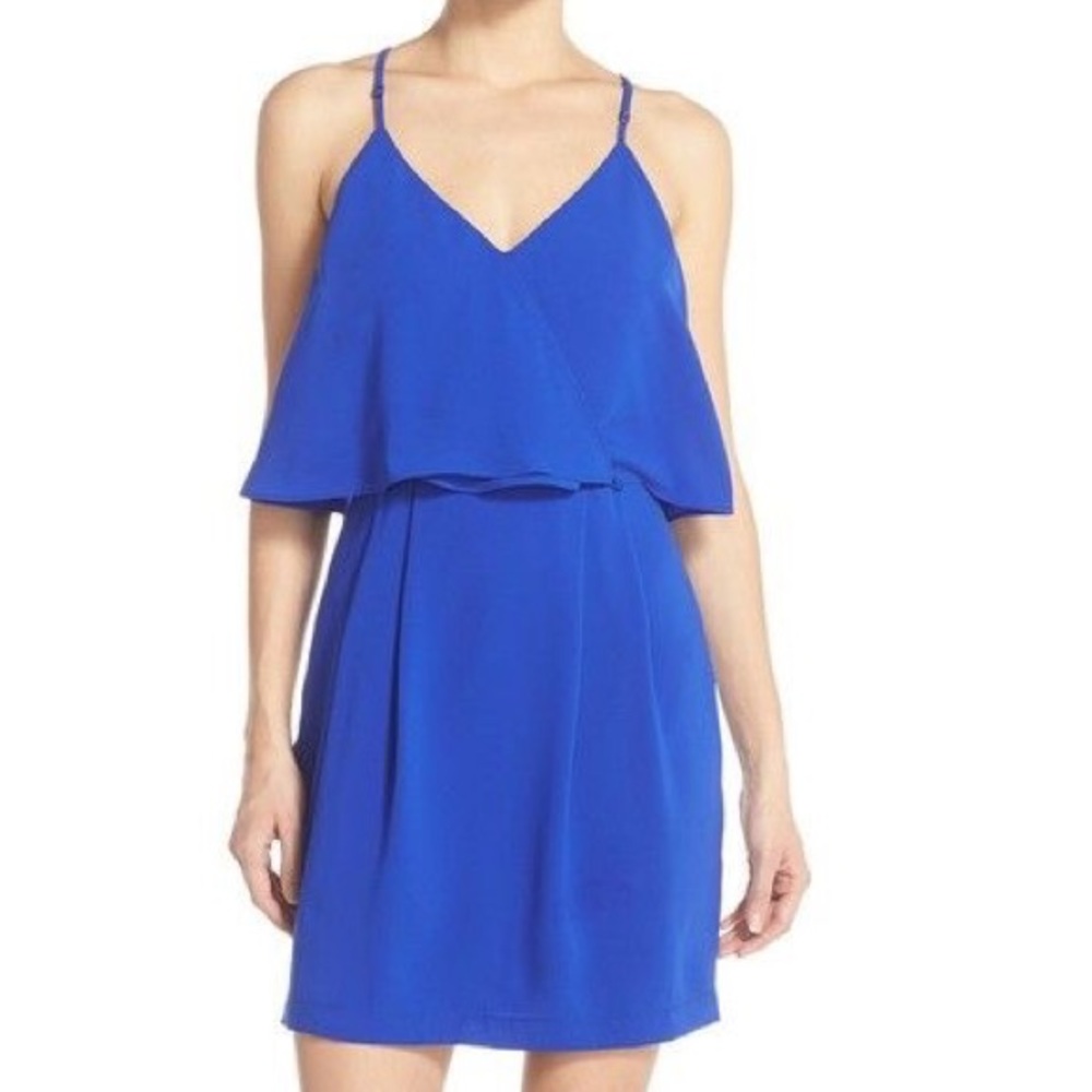 Adelyn Rae ruffle crepe popover dress.